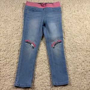 Blue Ink Girls Denim Jeans Butterfly Rainbow Sparkle Elastic Waist‎ Size 6